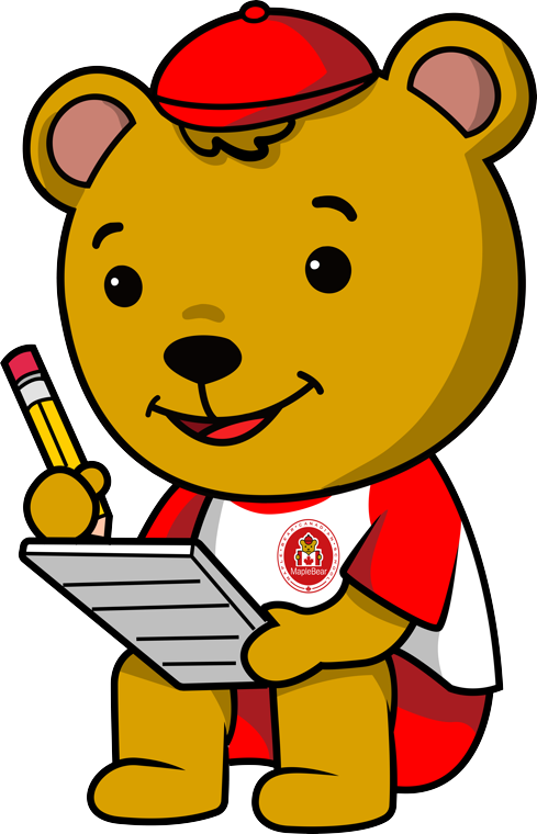 Chinook, o mascote Maple Bear, escrevendo — pronto para o Fundamental