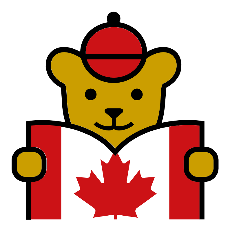 Chinook, o mascote oficial Maple Bear, lendo a bandeira do Canadá